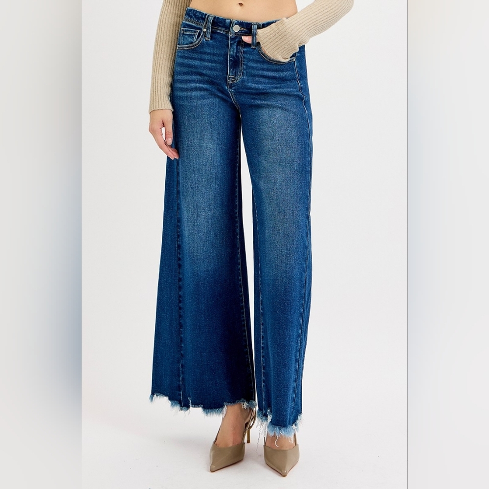 Risen High Rise Ultra Wide Leg Ankle Jeans Raw Frayed Hem Denim Relaxed Fit Pant - Picture 7 of 16